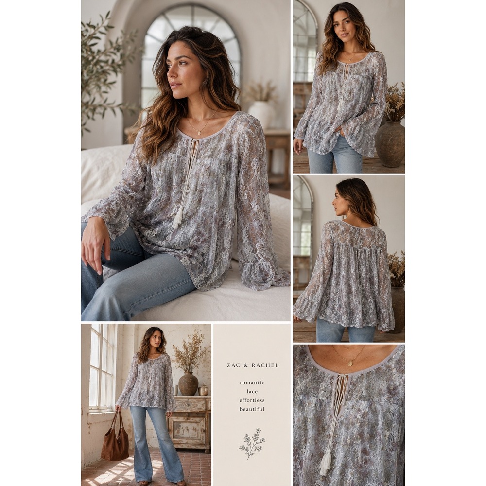 Zac & Rachel XL Sheer Lace Tunic‎ Top Gray Floral Romantic Boho Bell Sleeve